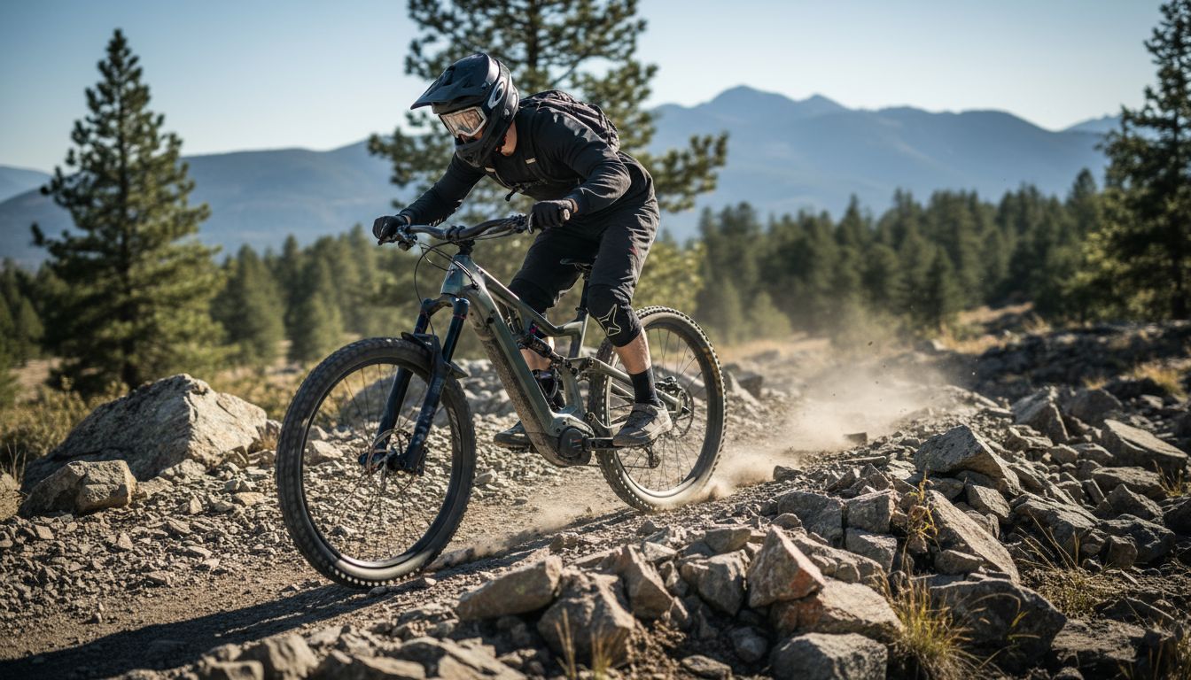Rider navigating a rocky trail on an eMTB, showcasing its suspension and robust design