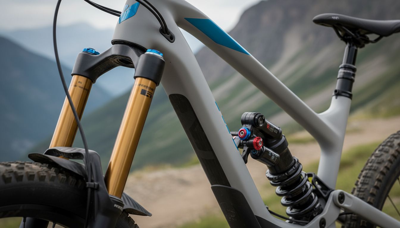 Close-up of a high-end eMTB suspension system, highlighting its adjustability and travel