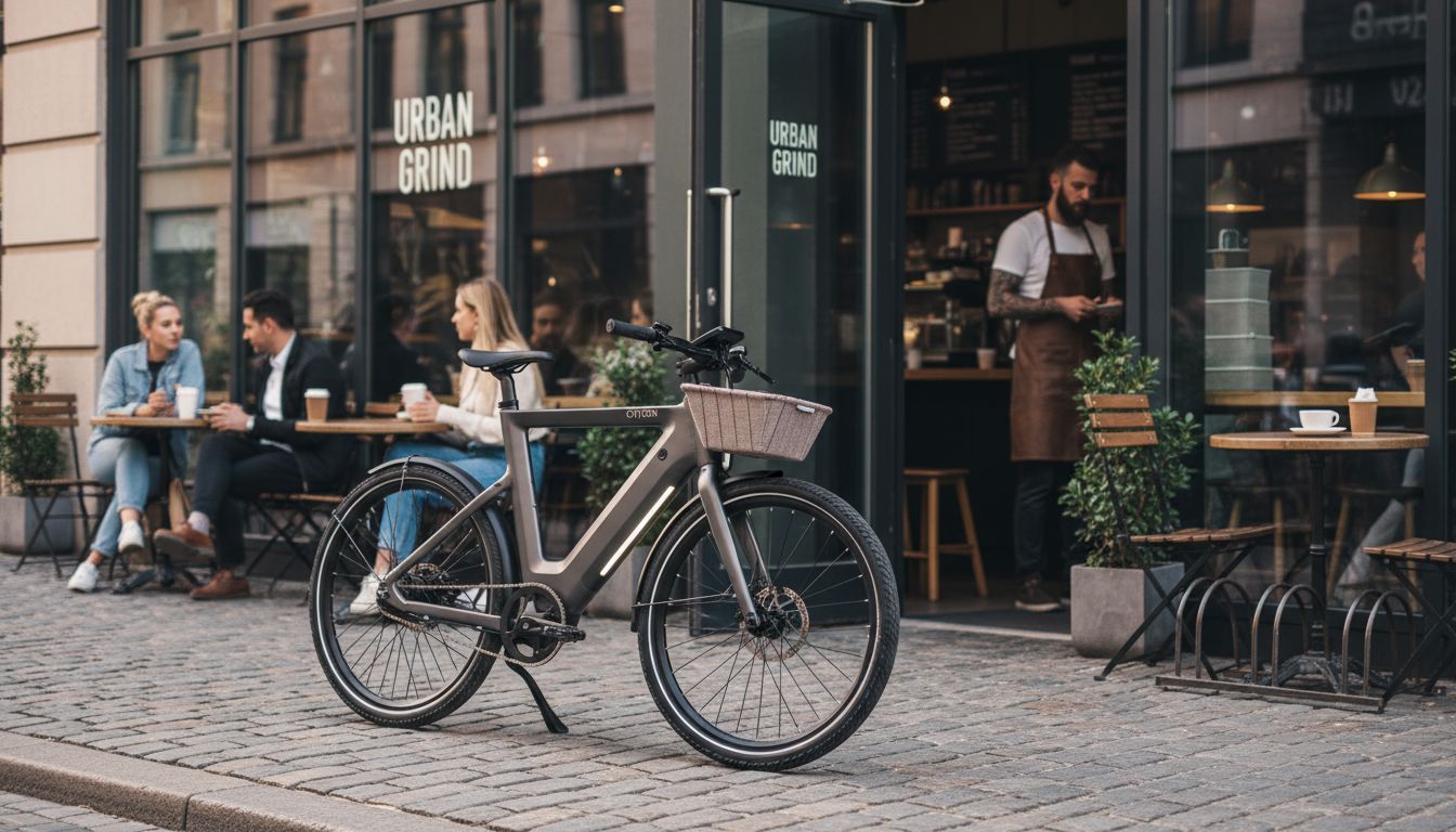 The CityZen Ace e-bike parked next to a coffee shop.