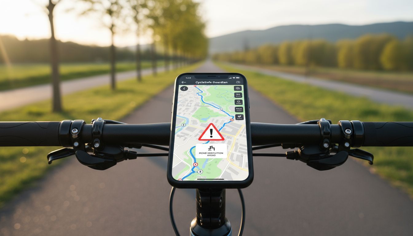 CycleNav Pro augmented reality navigation interface showing directional arrows overlaid on a live view of the road ahead.