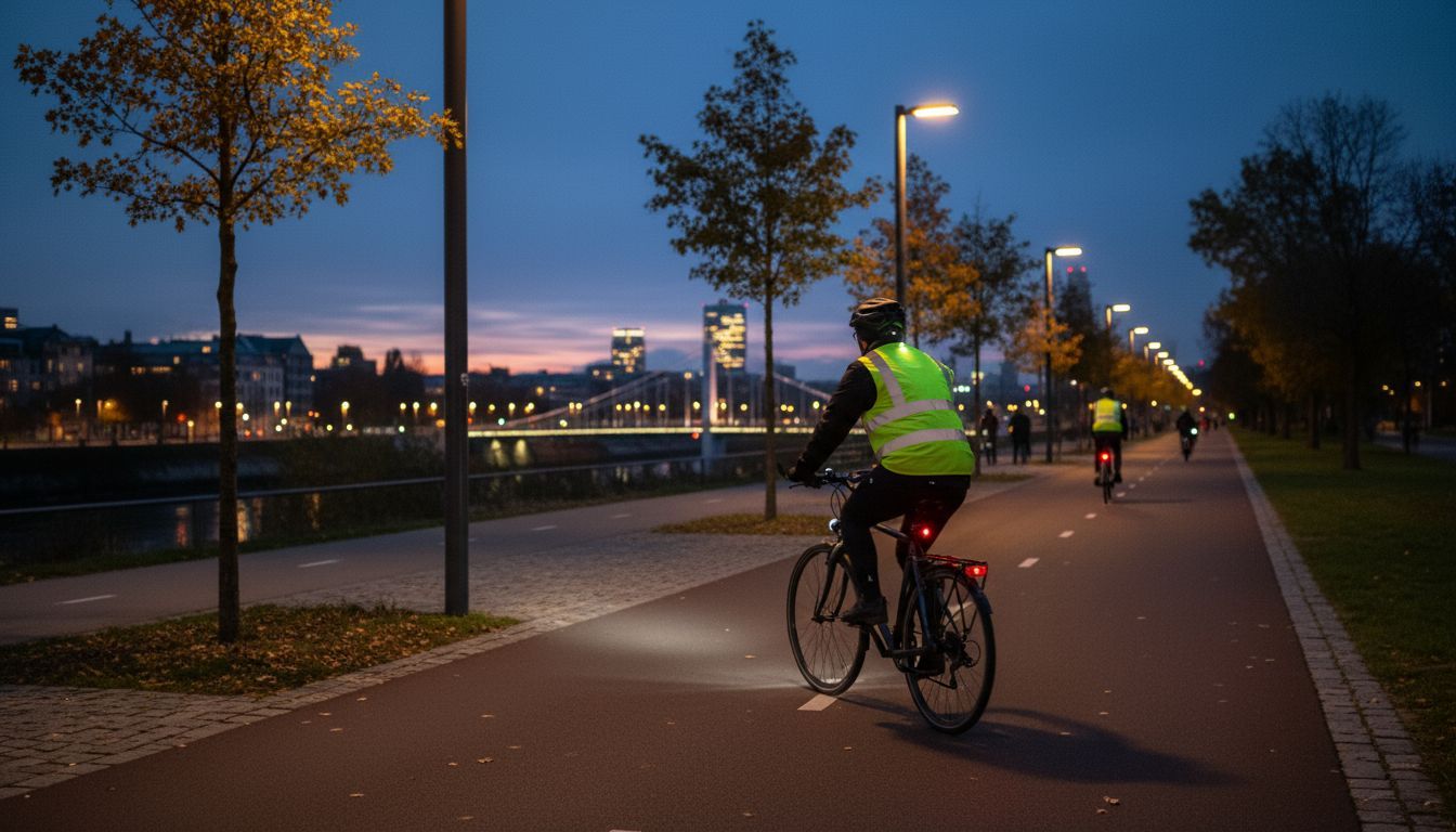 Cyclist wearing a high-visibility vest at dusk. Alt-text: Cyclist wearing high-visibility vest for increased safety
