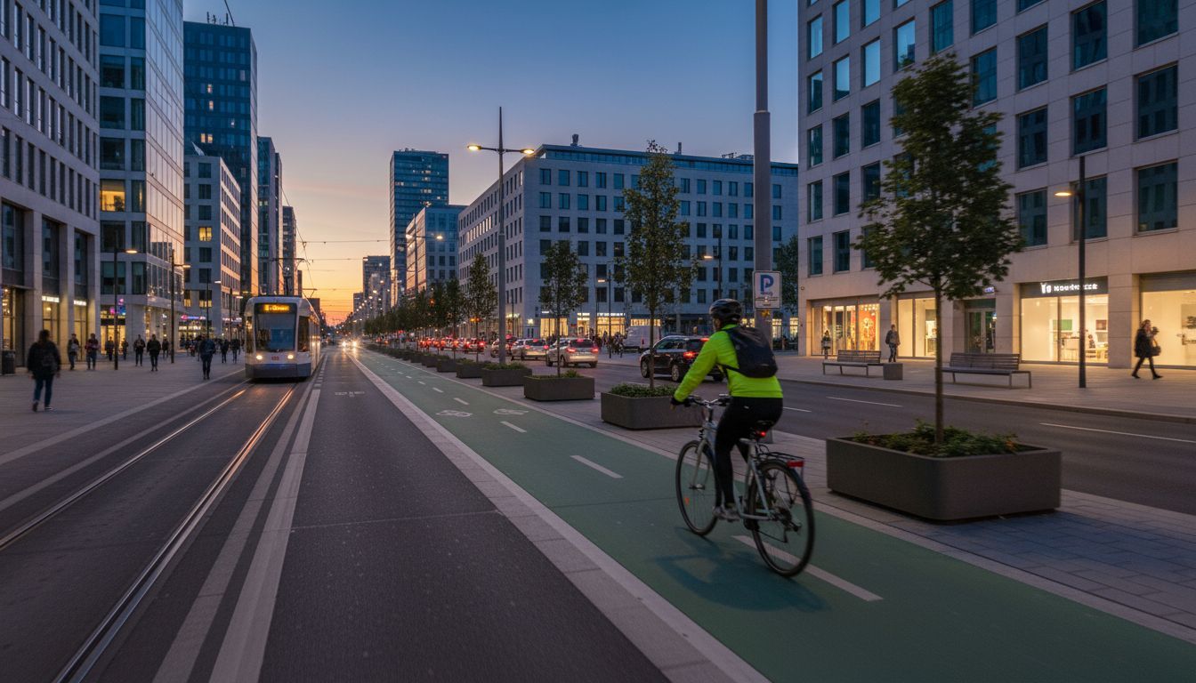 Cyclist using a protected bike lane in a city. Alt-text: Protected bike lane for safer cycling in urban environment