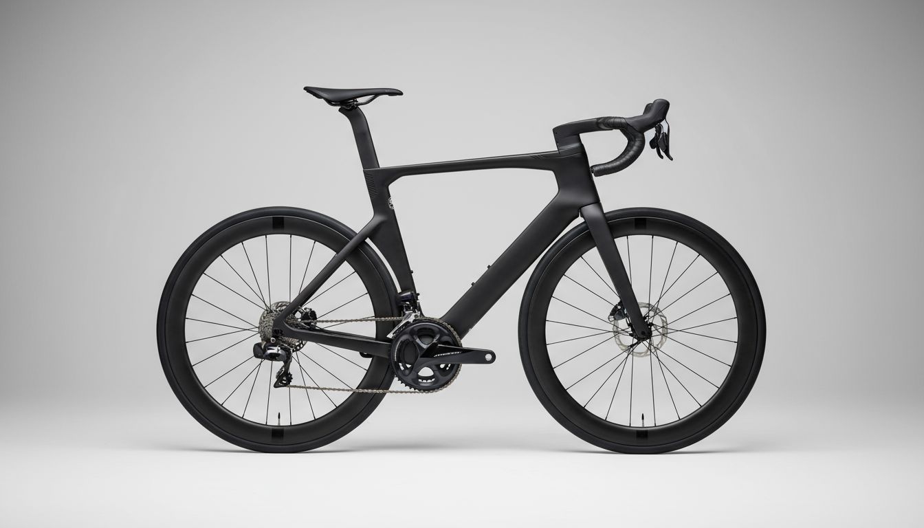 A high-end carbon fiber road bike frame.