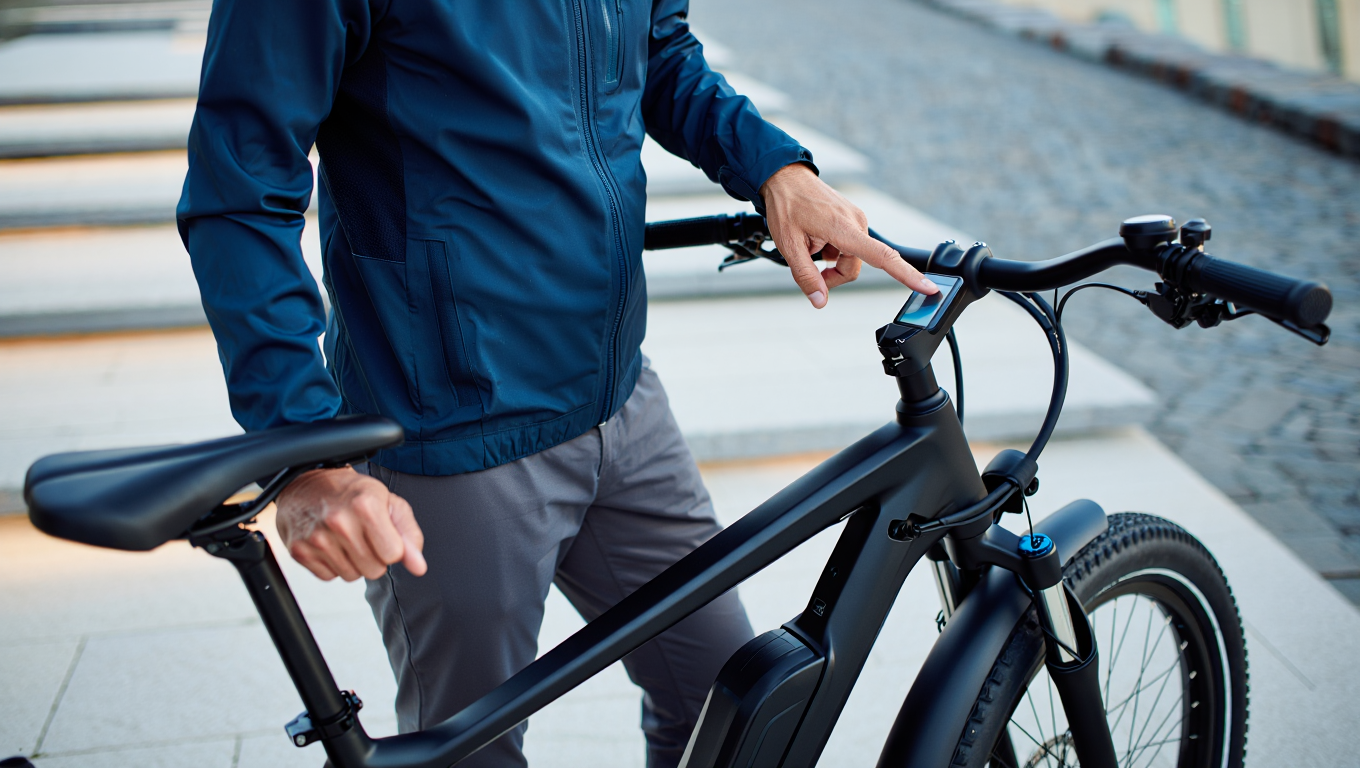 Rider checking the battery level of an e-bike