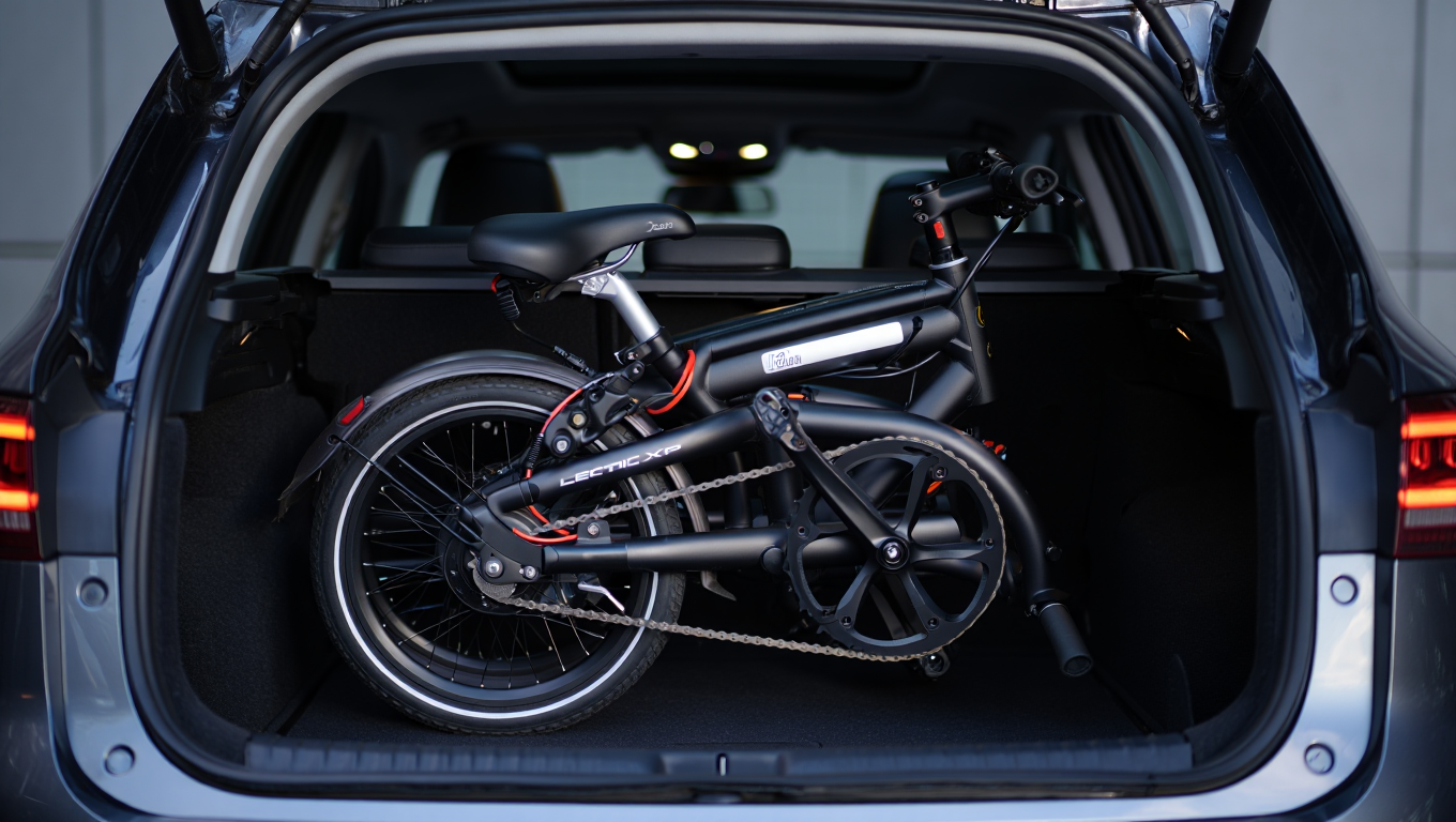 Folded Lectric XP Lite e-bike in a car trunk