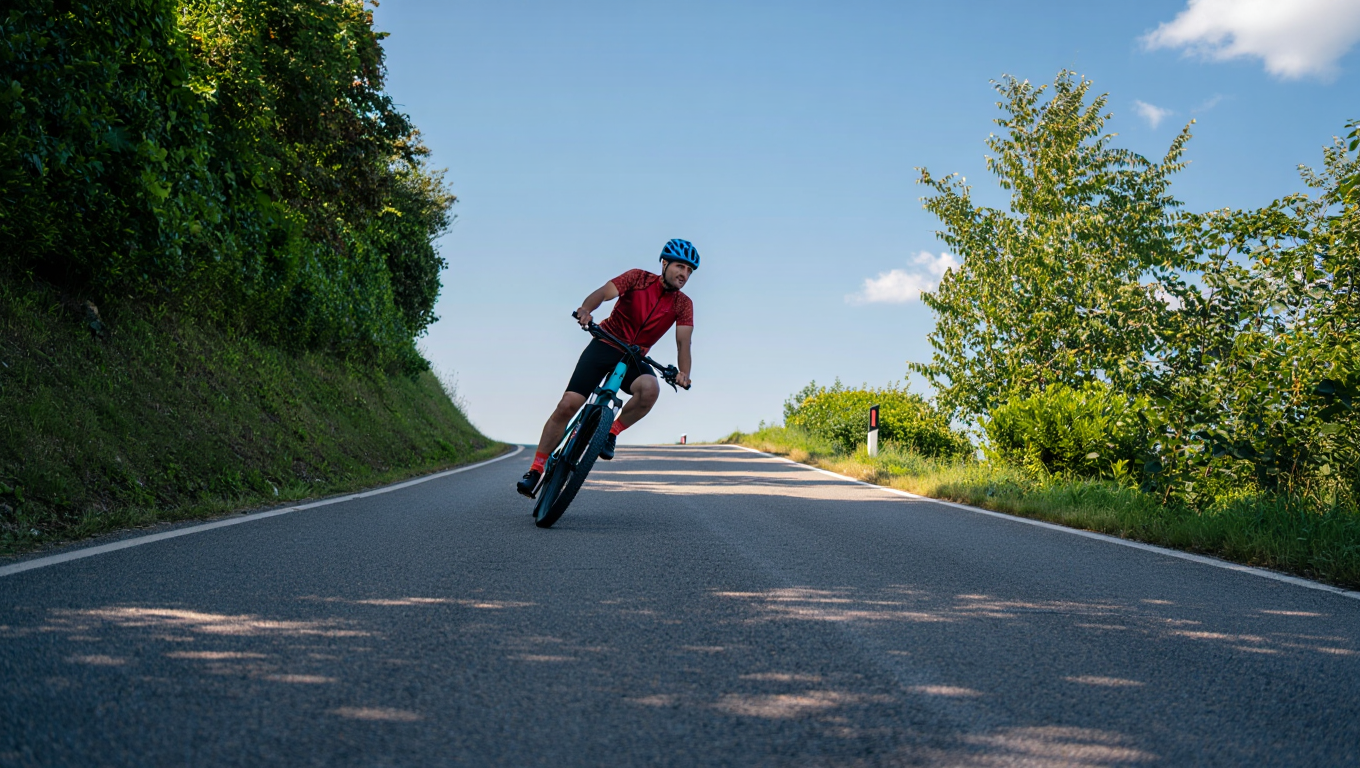 Person riding an e-bike on a hilly road. Alt-text: E-bike assisting rider uphill