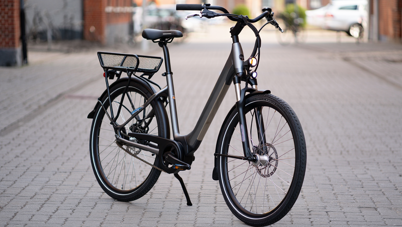 A sleek, modern commuter electric bike parked in an urban setting, showing integrated lights and a rear rack.