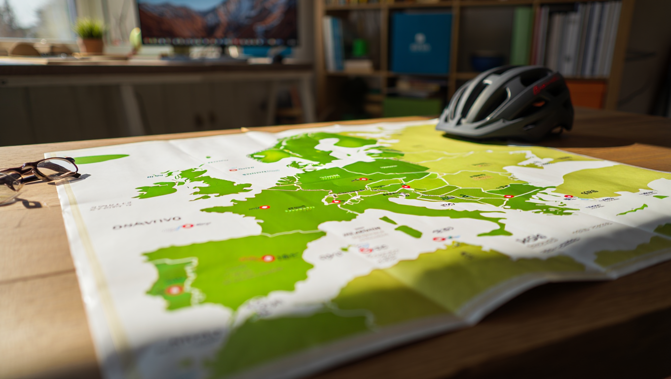 Illustrated map of Europe highlighting interconnected cycling routes and infrastructure