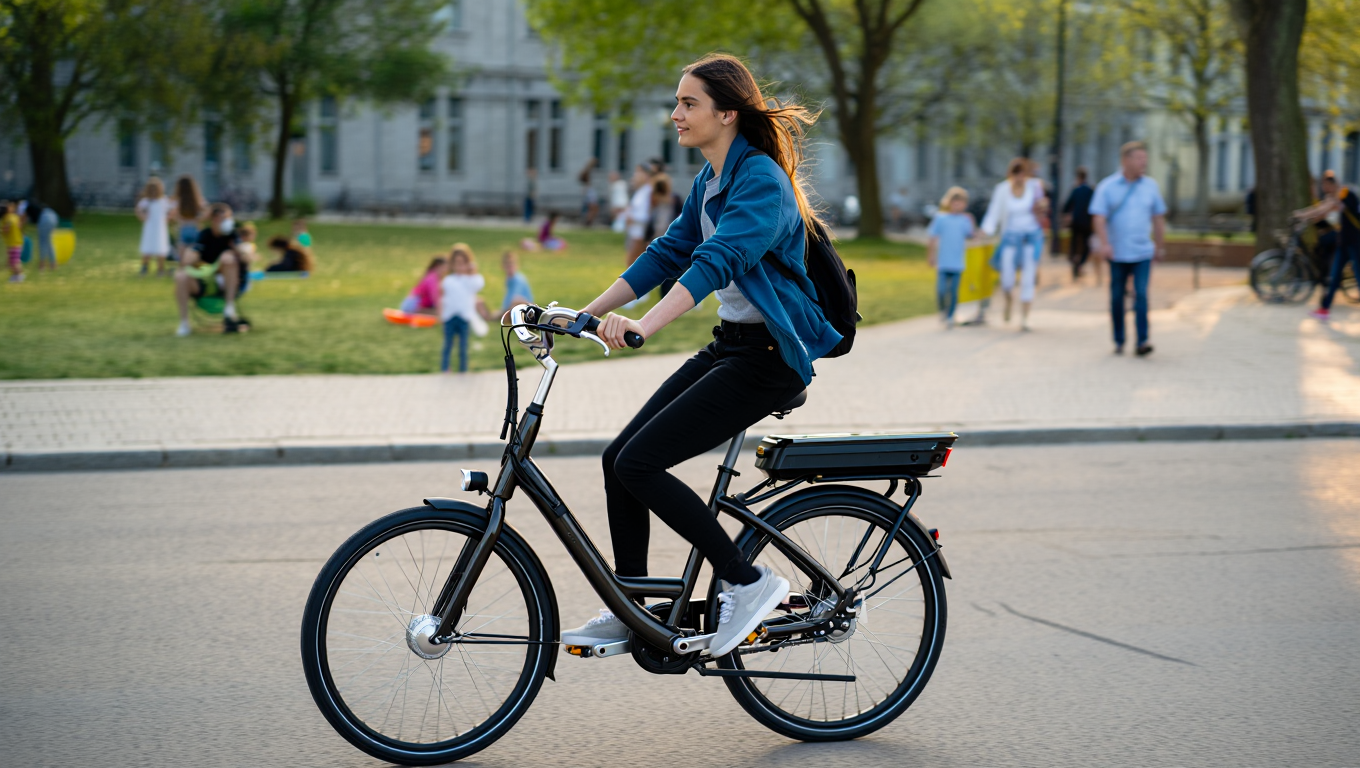 [BILD: En person cyklar en elegant elektrisk stadscykel genom en livlig stadspark