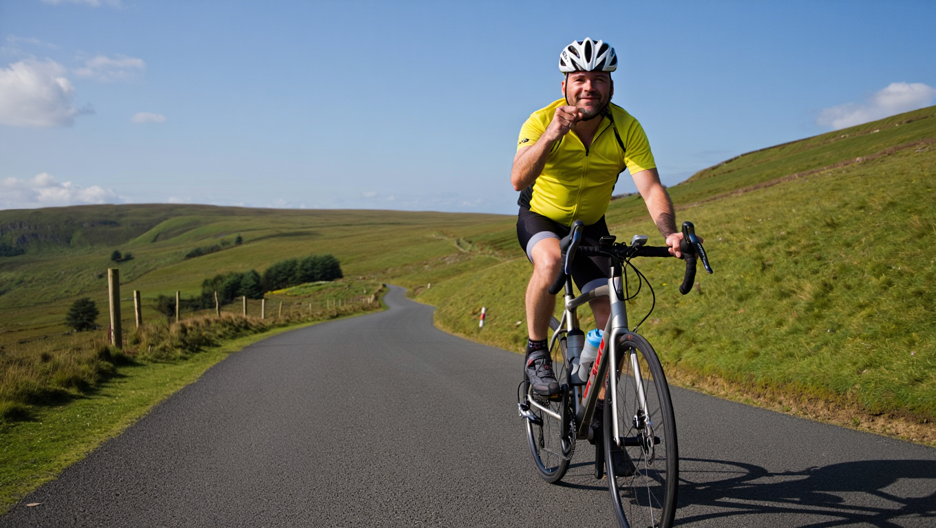 A cyclist in motion on a winding road, surrounded by green hills under a clear sky, demonstrating the joy and freedom of outdoor cycling.