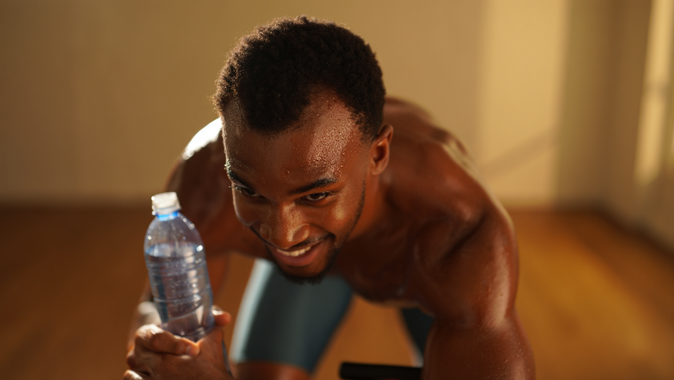 A person cycling vigorously on an indoor stationary bike, sweat glistening, with a water bottle nearby, highlighting focused indoor training.
