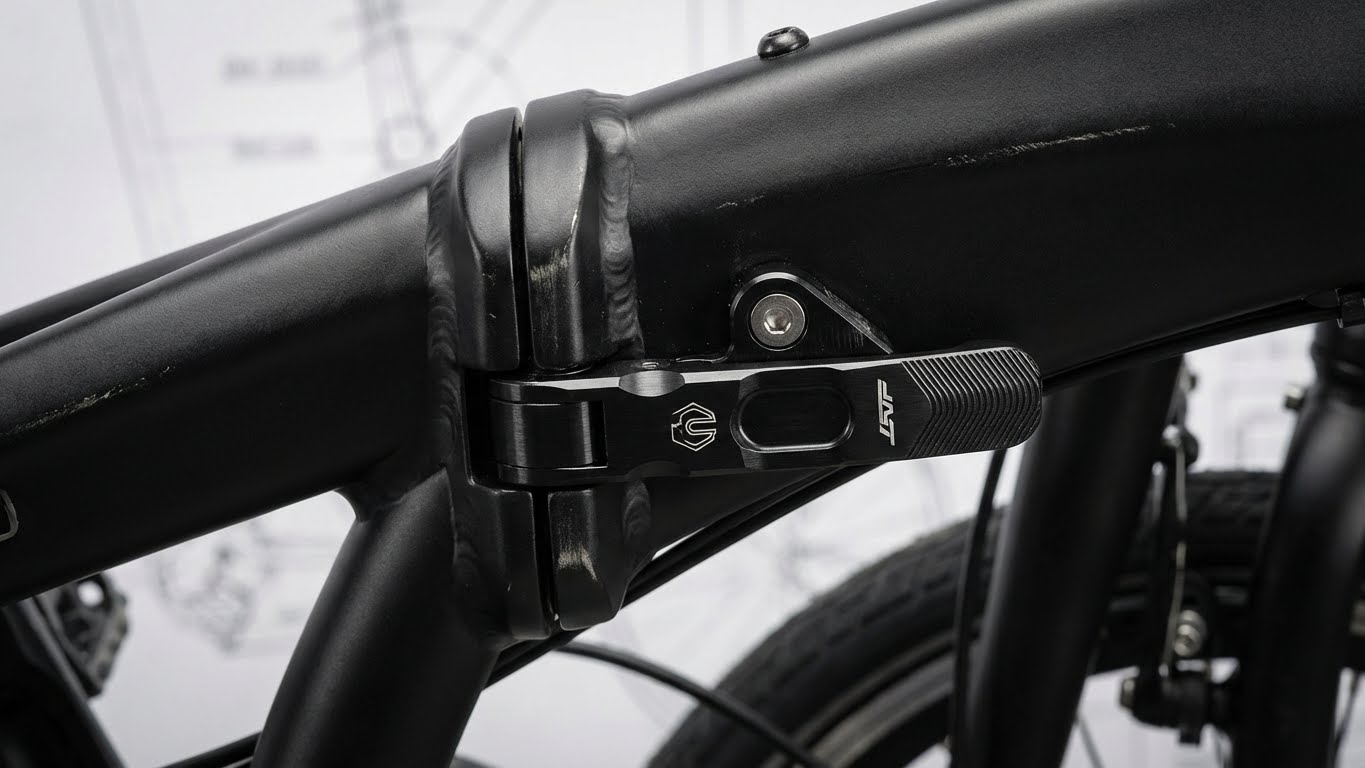 Syklist bærer en premium sammenleggbar elsykkel inn på et moderne tog