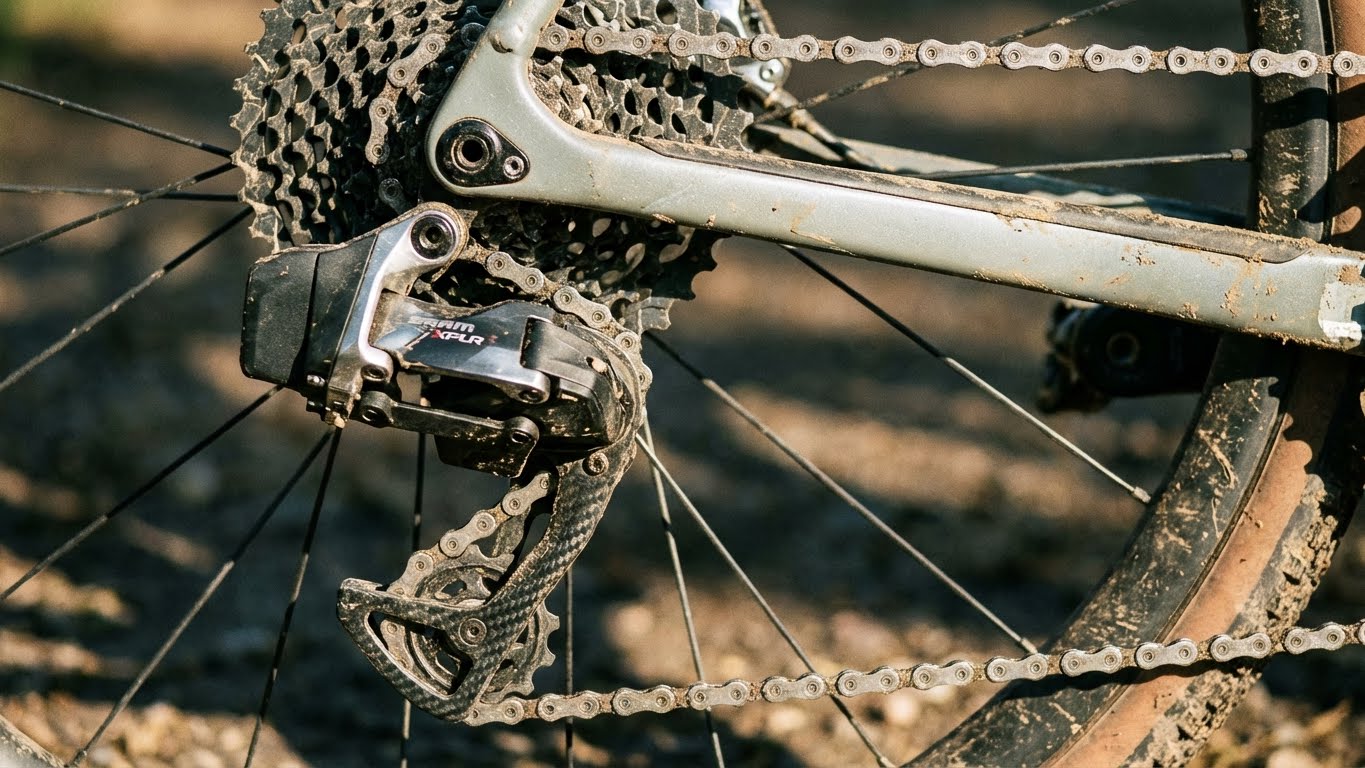 Gravel bike explorer riding on a dusty trail