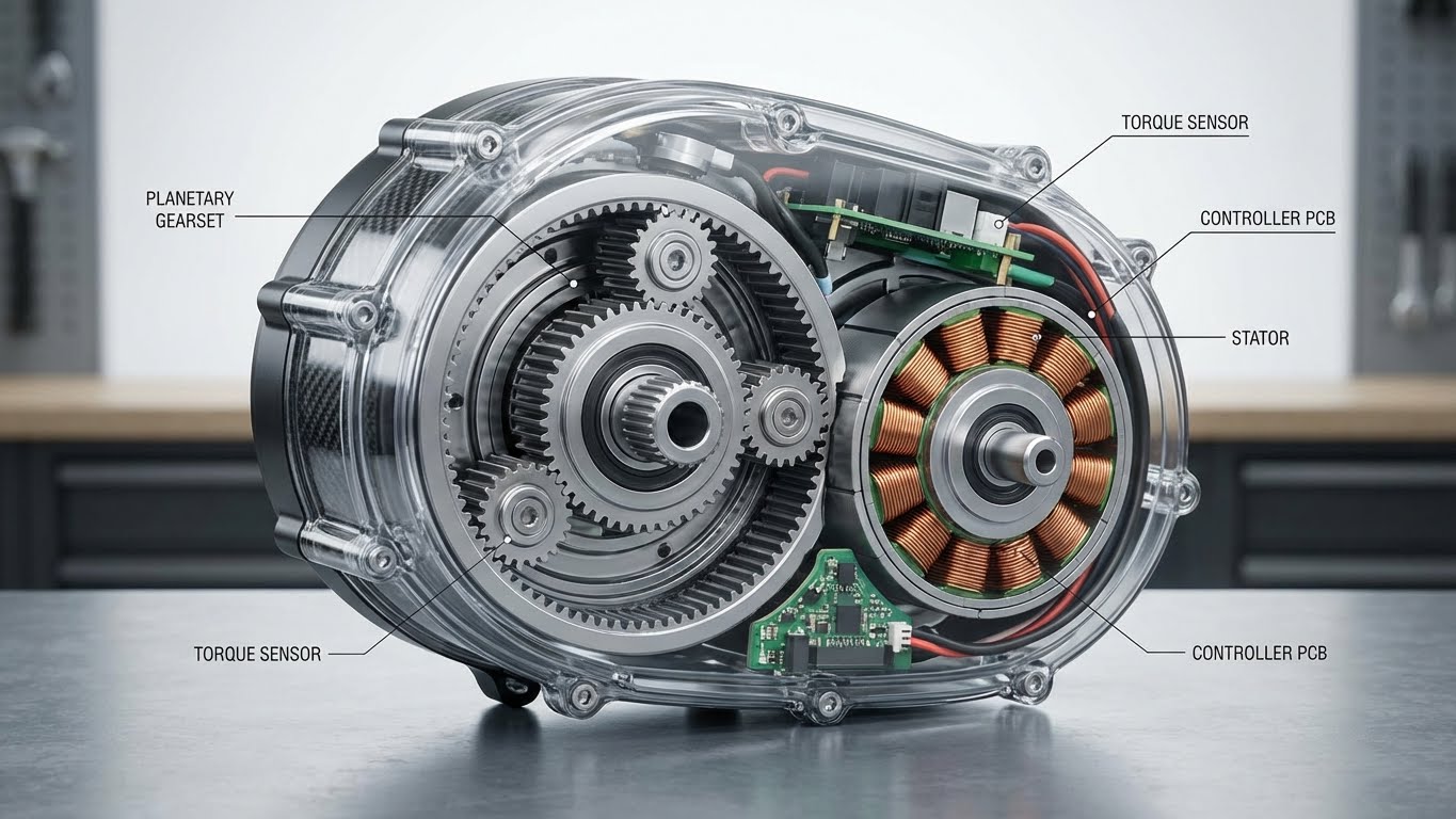 E-bike con motore al mozzo posteriore che accelera allontanandosi dal traffico