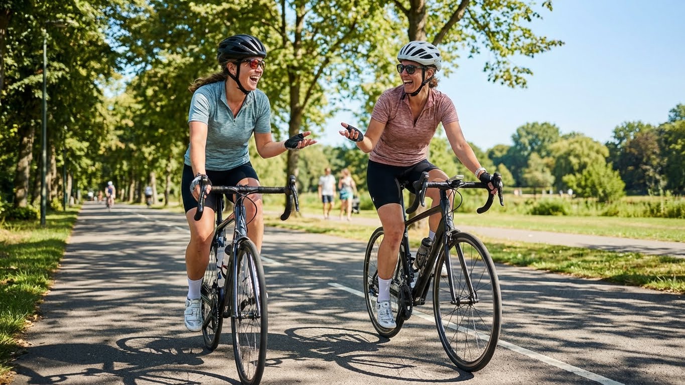 Kvinna som cyklar på en högpresterande landsvägscykel på en bergsväg